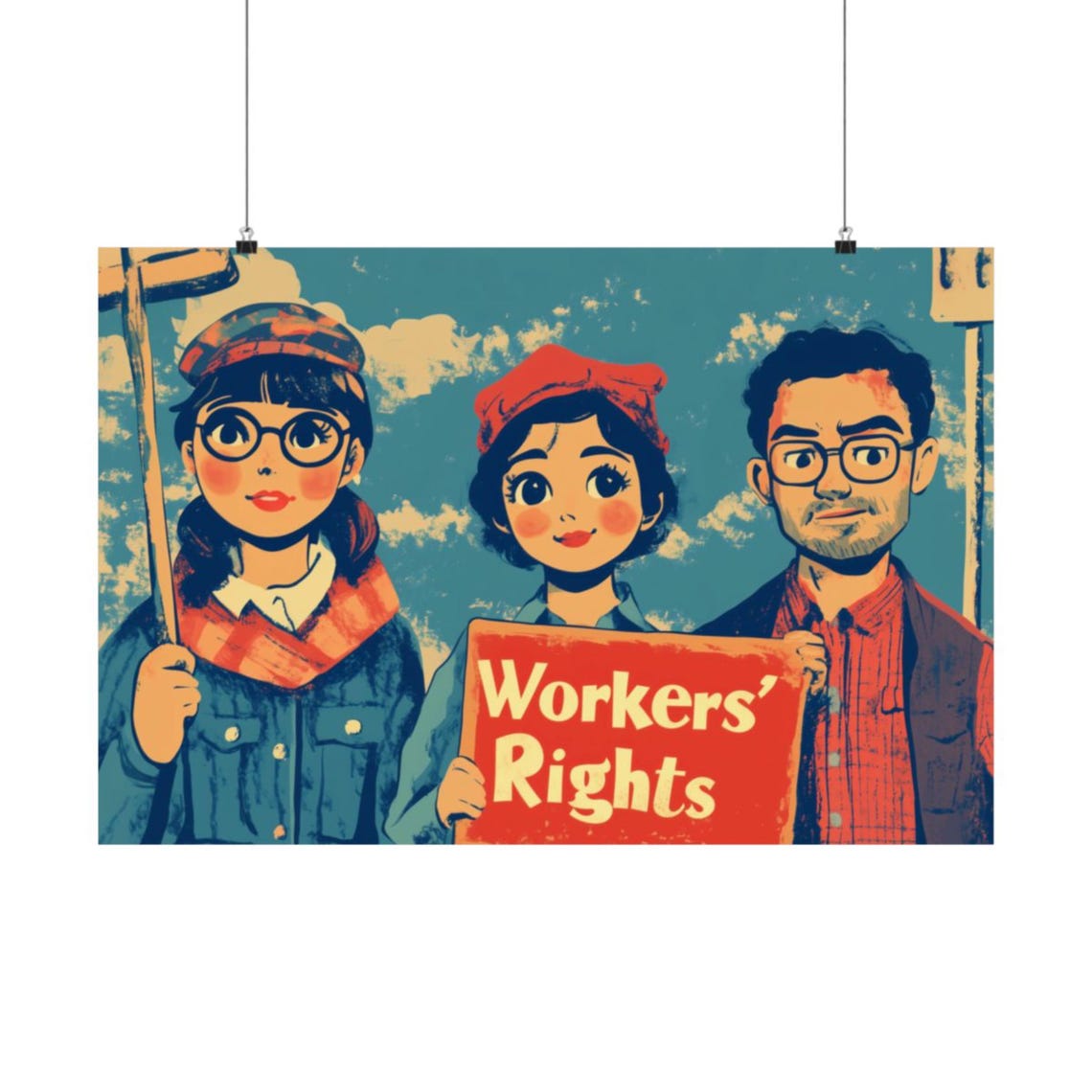 Workers Rights Retro Cartoon Protest Trio Bold Sign Art Poster