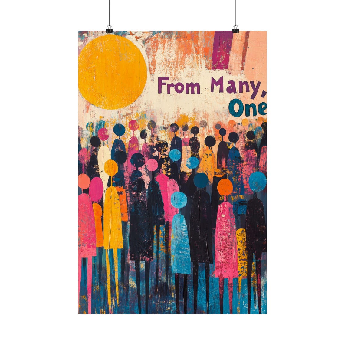 From Many One Colorful Crowd Unity Folk Art Celebration Poster