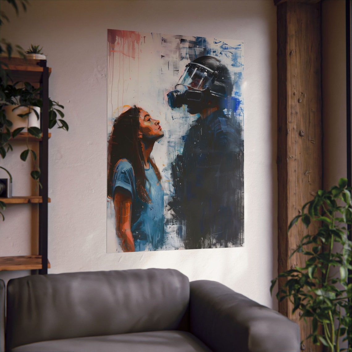 Woman Facing Riot Officer Gas Mask Expressive Painted Art Poster - Image 2