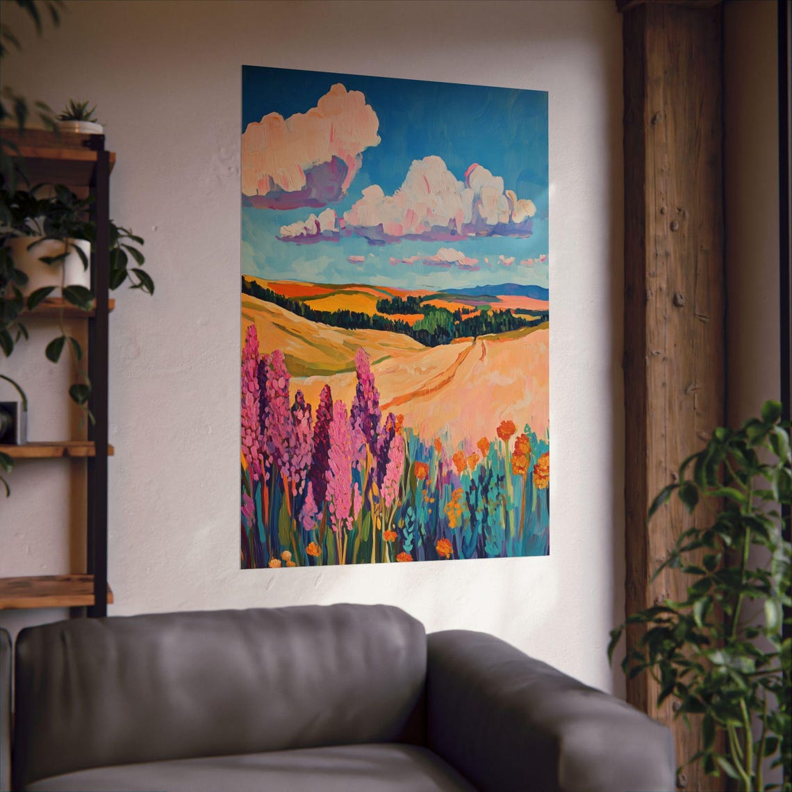 Golden Prairie Wildflowers Impressionist Meadow Cloudscape Wall Art - Image 3
