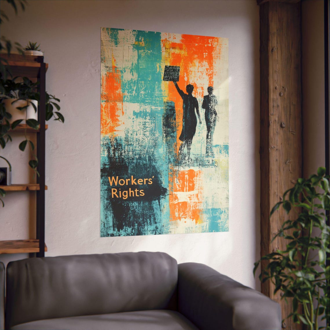 Workers Rights Abstract Protest Pair Marching Signs Blue Orange Poster - Image 2