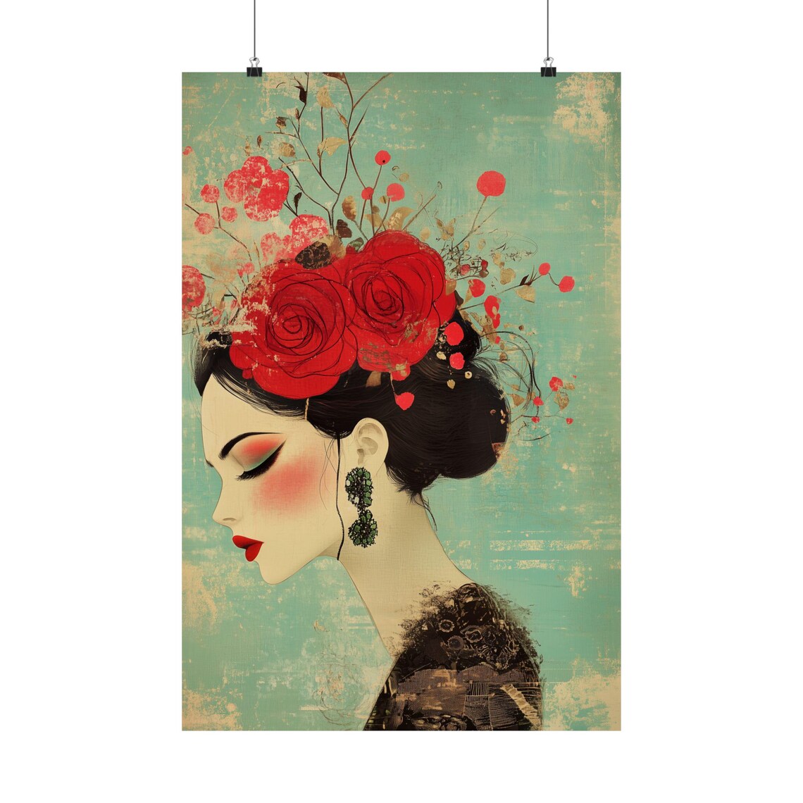 Woman Red Roses Hair Teal Vintage Floral Portrait Art Poster