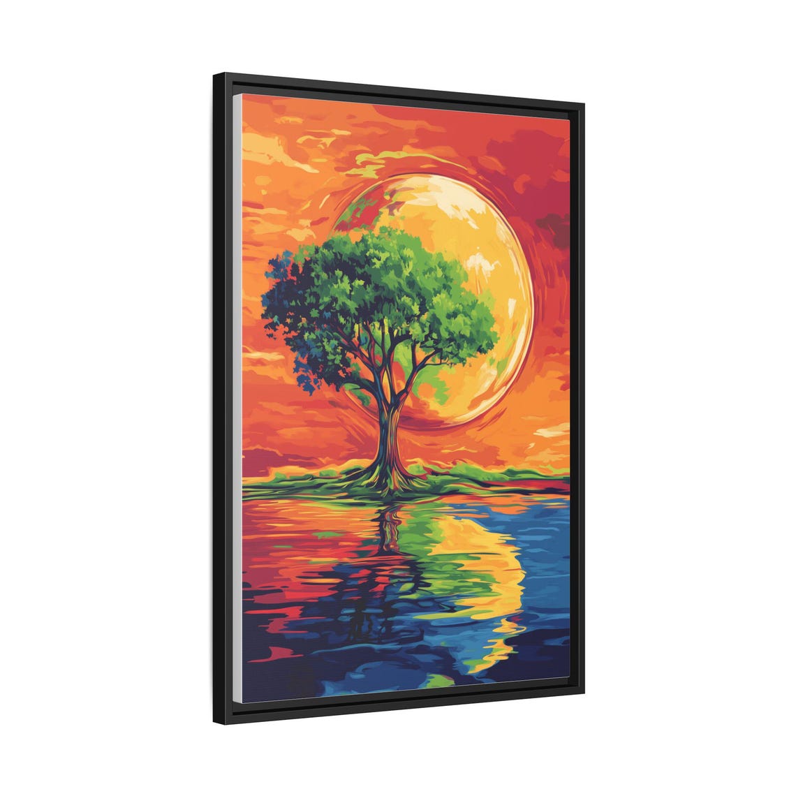 Lone Tree Before Giant Golden Sun Mirrored in Water Landscape Print - Image 3