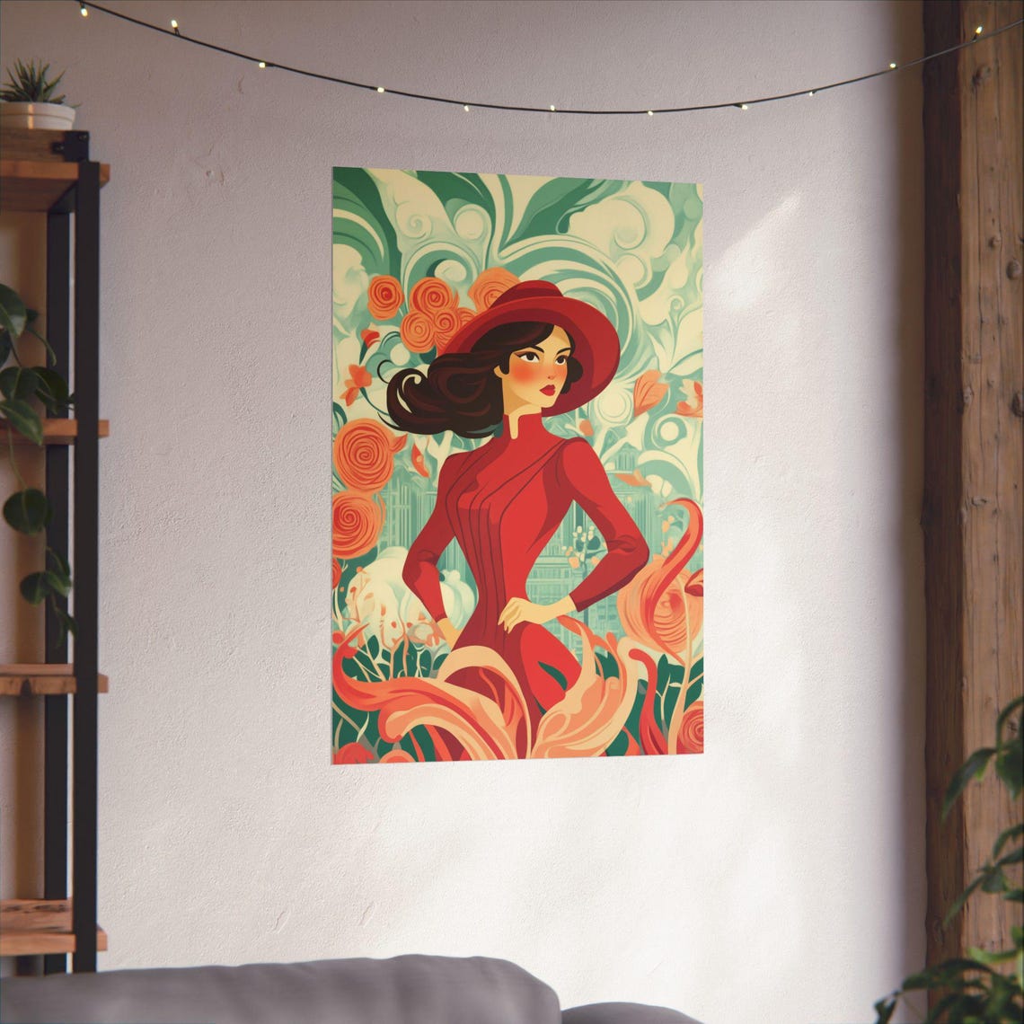 Elegant Art Nouveau Woman In Red Dress And Hat With Roses Poster - Image 3