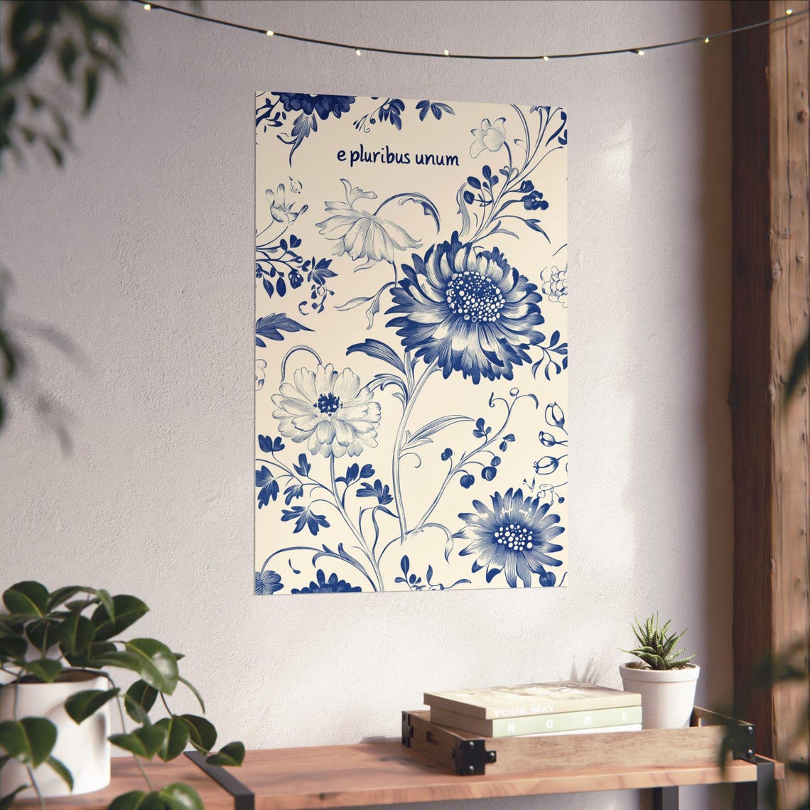 Elegant E Pluribus Unum Blue White Floral Botanical Unity Poster - Image 4