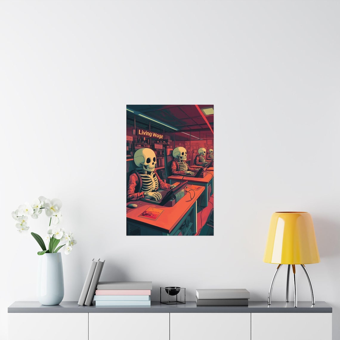 Living Wage Skeleton Office Workers Dark Humor Overwork Satire Art Poster - Image 2