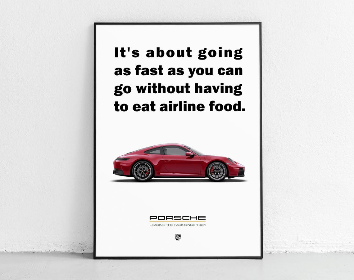 Red Porsche 911 Fast Without Airline Food Quote Garage Poster