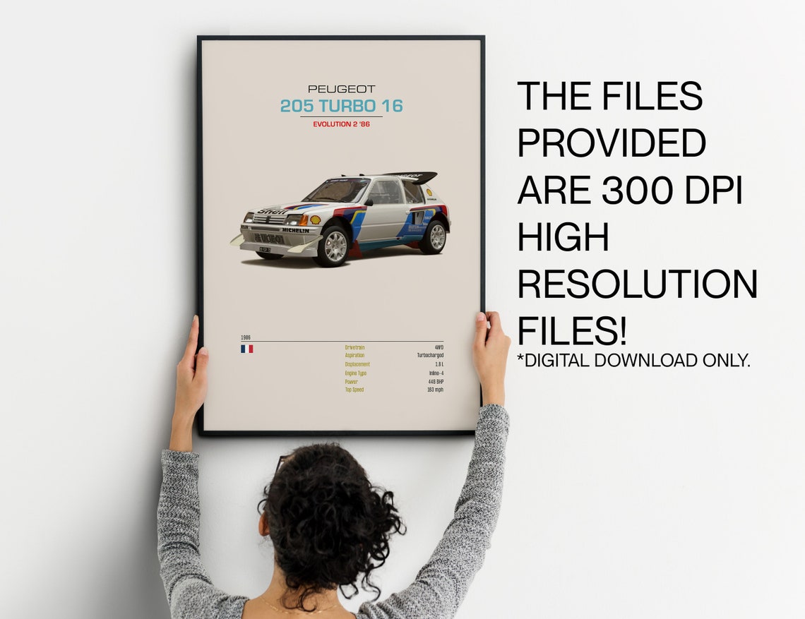 Peugeot 205 Turbo 16 Evolution 2 1986 Group B Rally Car Spec Poster - Image 2