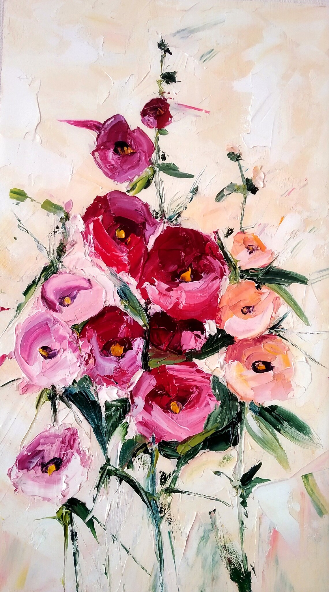 Pink Poppy Bouquet Impasto Oil Painting Poster Cream Background