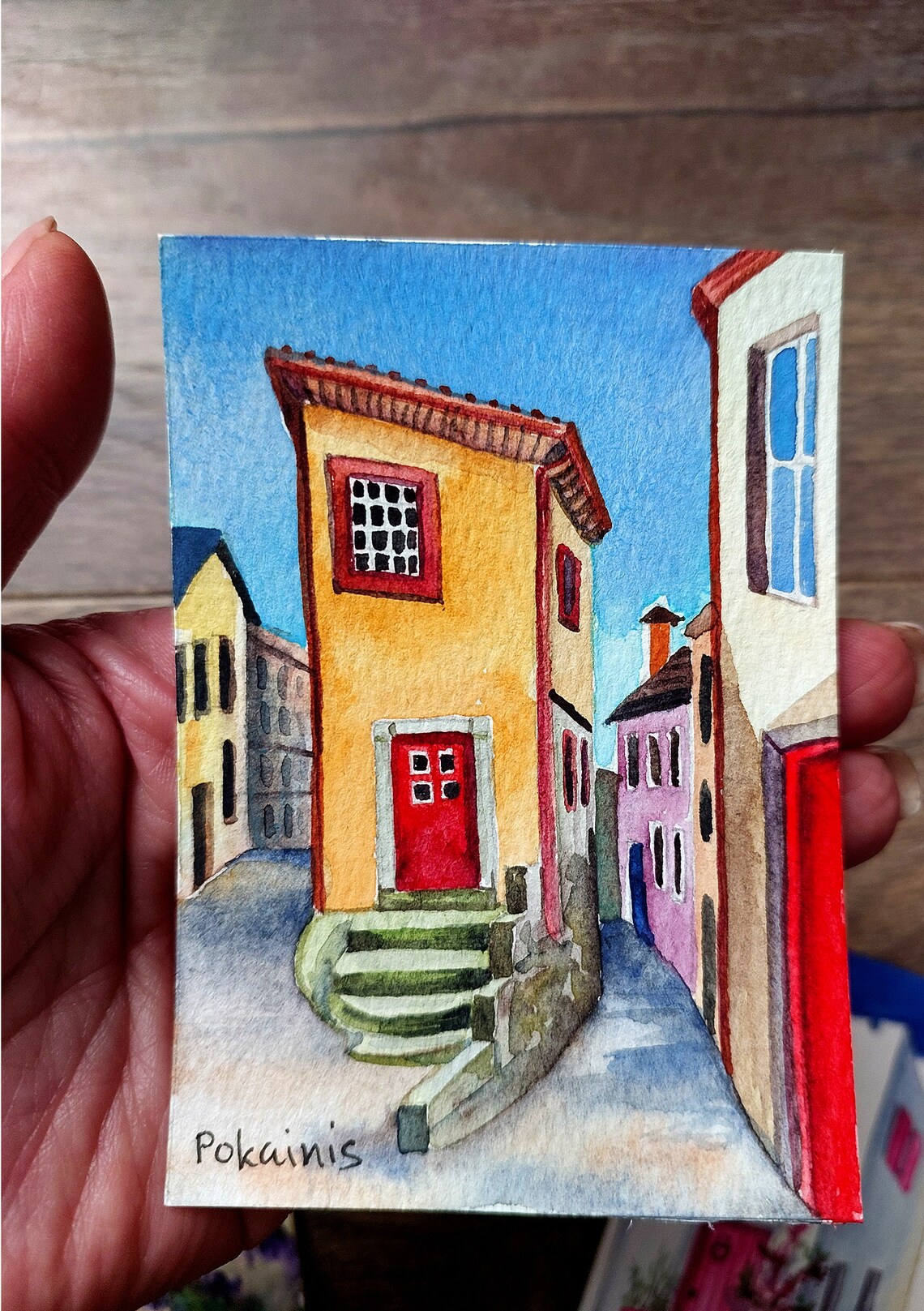 Charming Italian Village Street with Red Door ACEO Watercolor Poster - Image 2