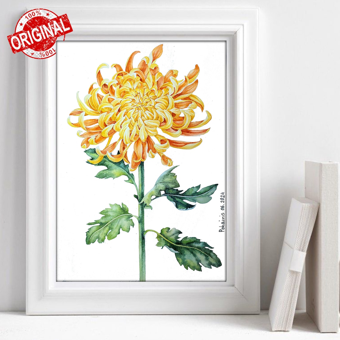 Yellow Spider Chrysanthemum Flower Watercolor Botanical Wall Art - Image 2