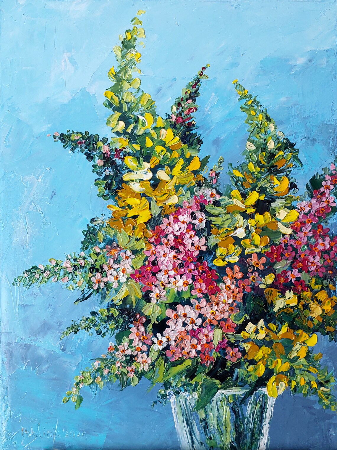 Wildflower Bouquet Glass Vase Turquoise Impasto Floral Poster