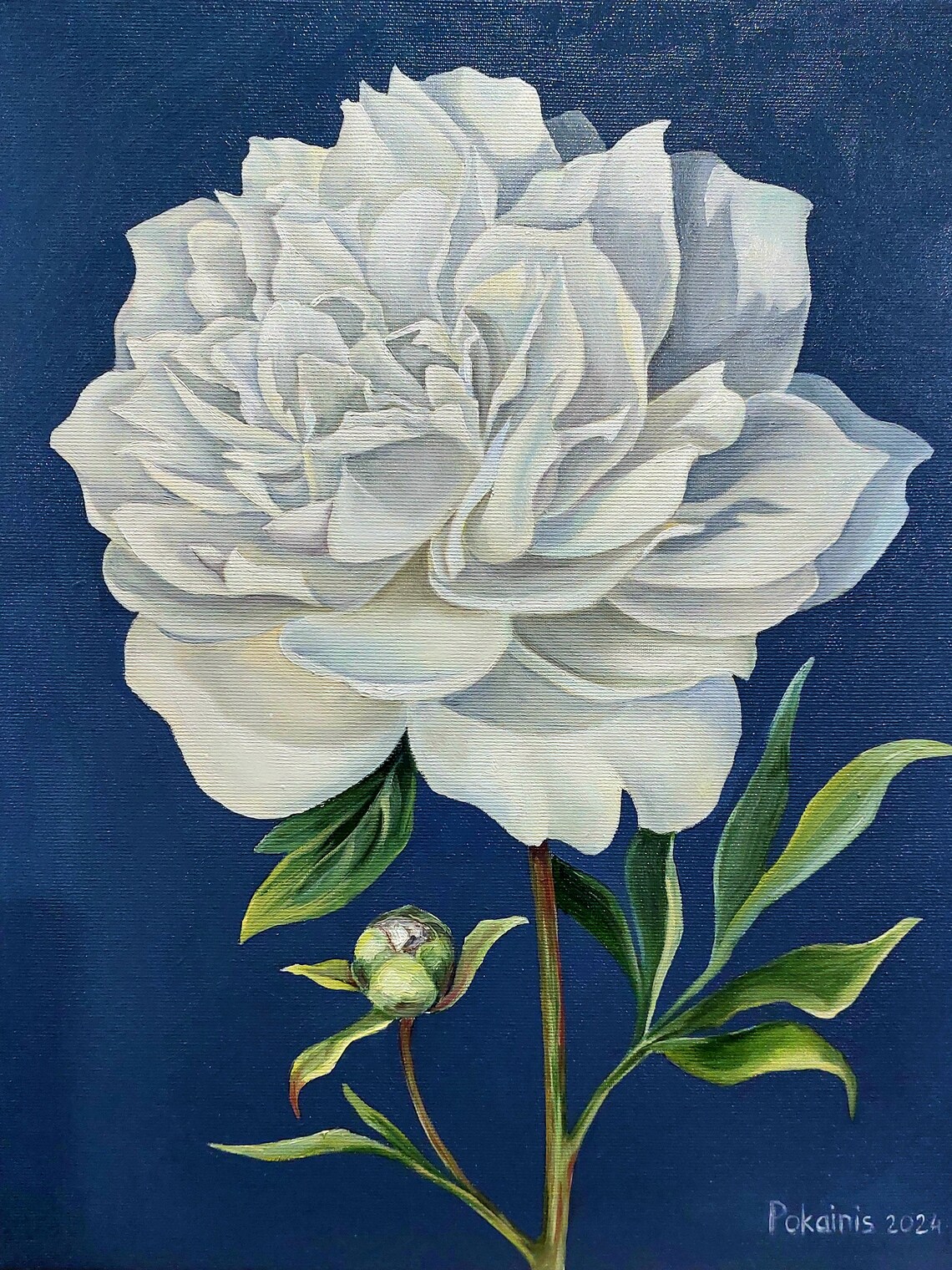 White Peony Oil Painting Poster With Bud On Deep Navy Background