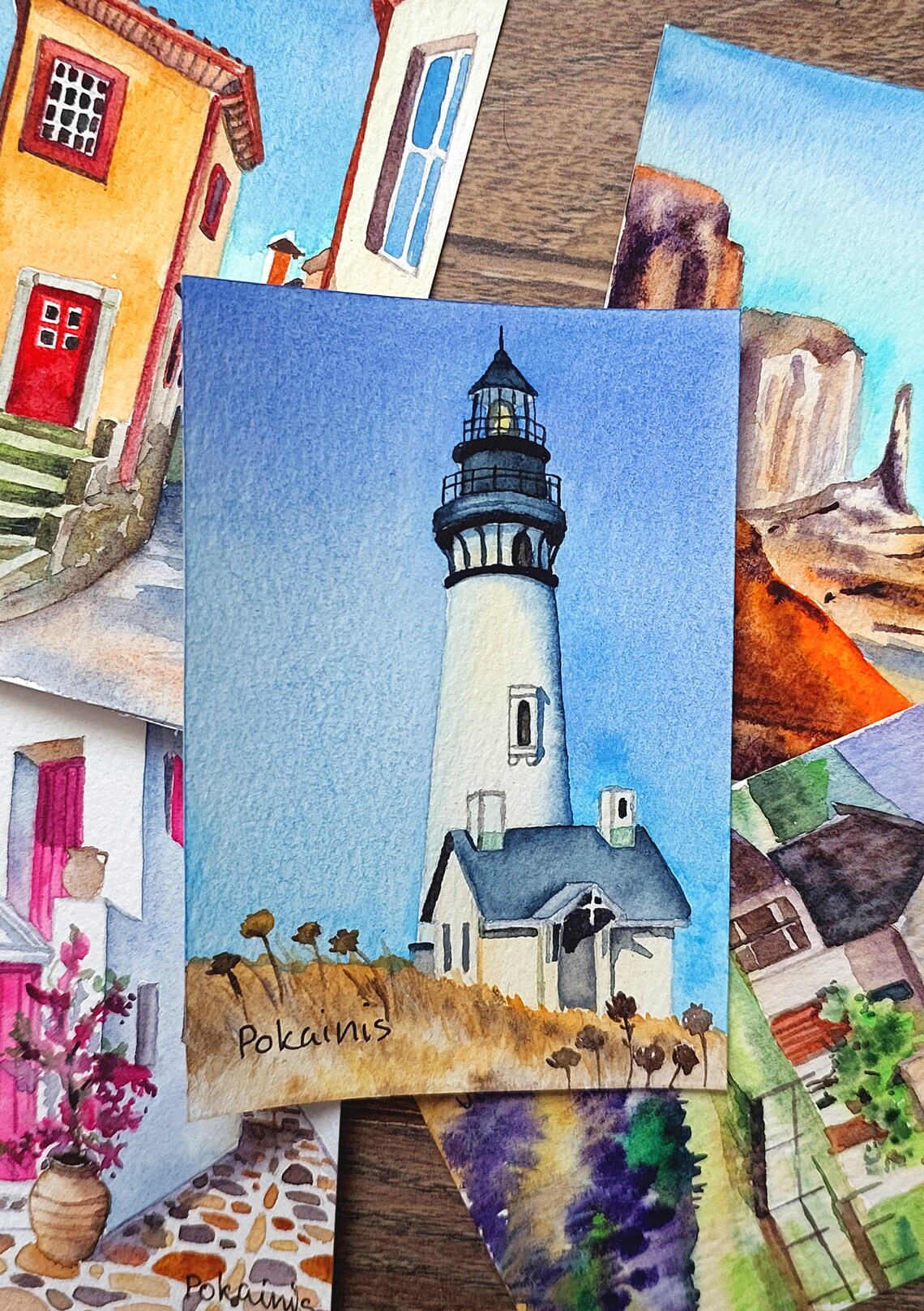 White Lighthouse with Keeper's House ACEO Watercolor Seascape Poster - Image 2