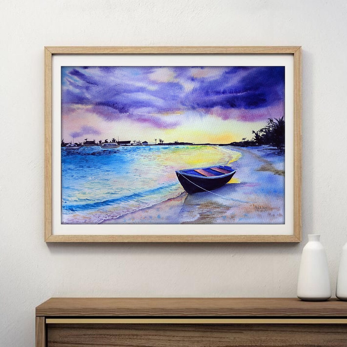 Wooden Rowboat Beached at Sunset on a Tropical Beach Watercolor Poster - Image 2