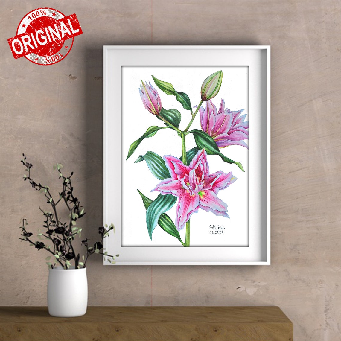Pink Lily Watercolor Poster With Spotted Double Bloom And Buds - Image 2