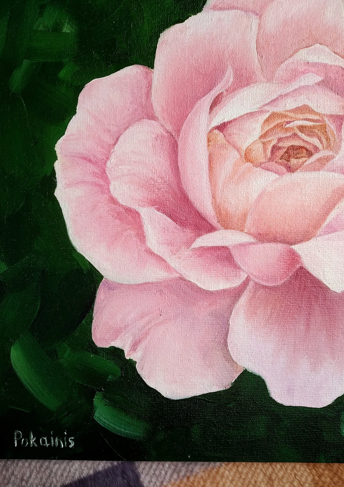 Blush Pink Rose Full Bloom Oil Painting Dark Garden Bloom Poster - Image 2