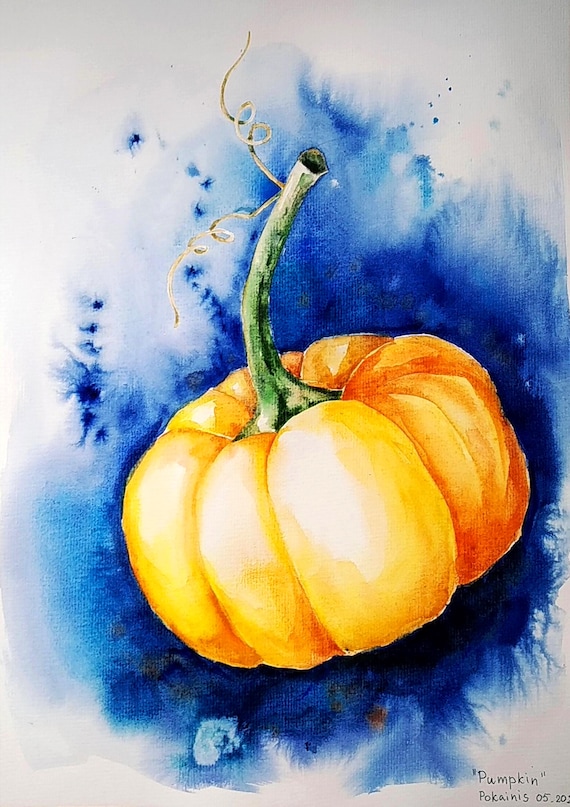 Single Glowing Orange Pumpkin on Blue Watercolor Still Life Poster