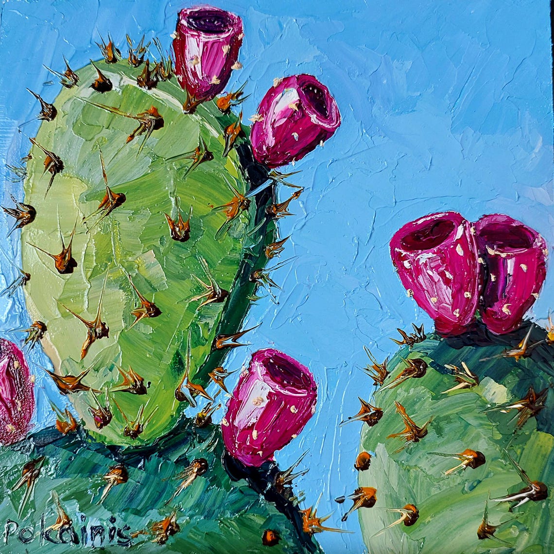 Prickly Pear Oil Painting Poster Magenta Fruit Buds Blue Sky