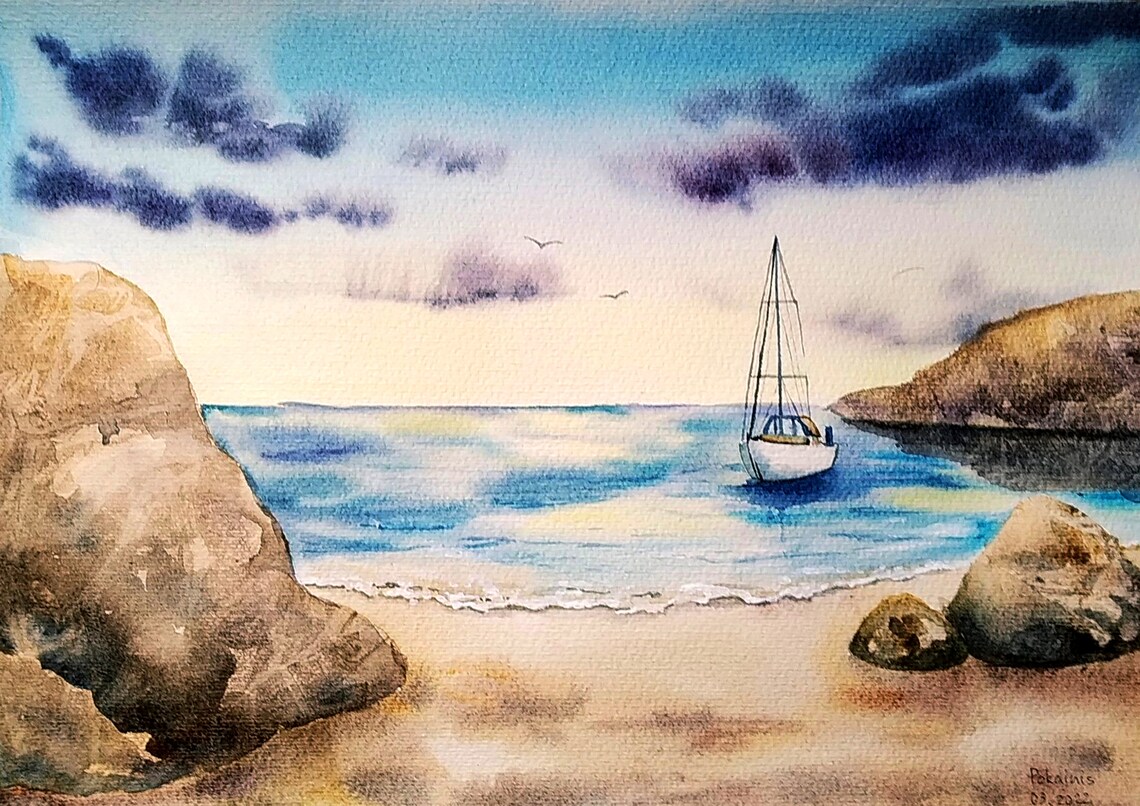 Sailboat Anchored in Rocky Cove Watercolor Tranquil Seaside Poster