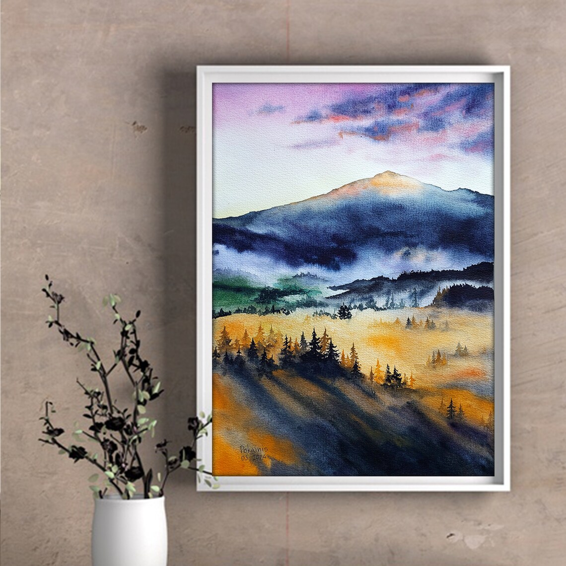 Misty Forest Sunset Mountain Landscape Art Print - Image 4