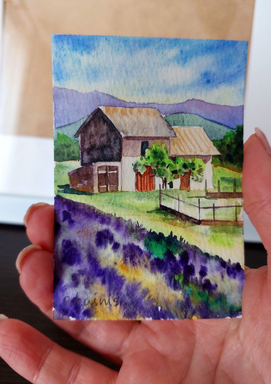Lavender Field by a Rustic Farmhouse ACEO Watercolor Landscape Poster