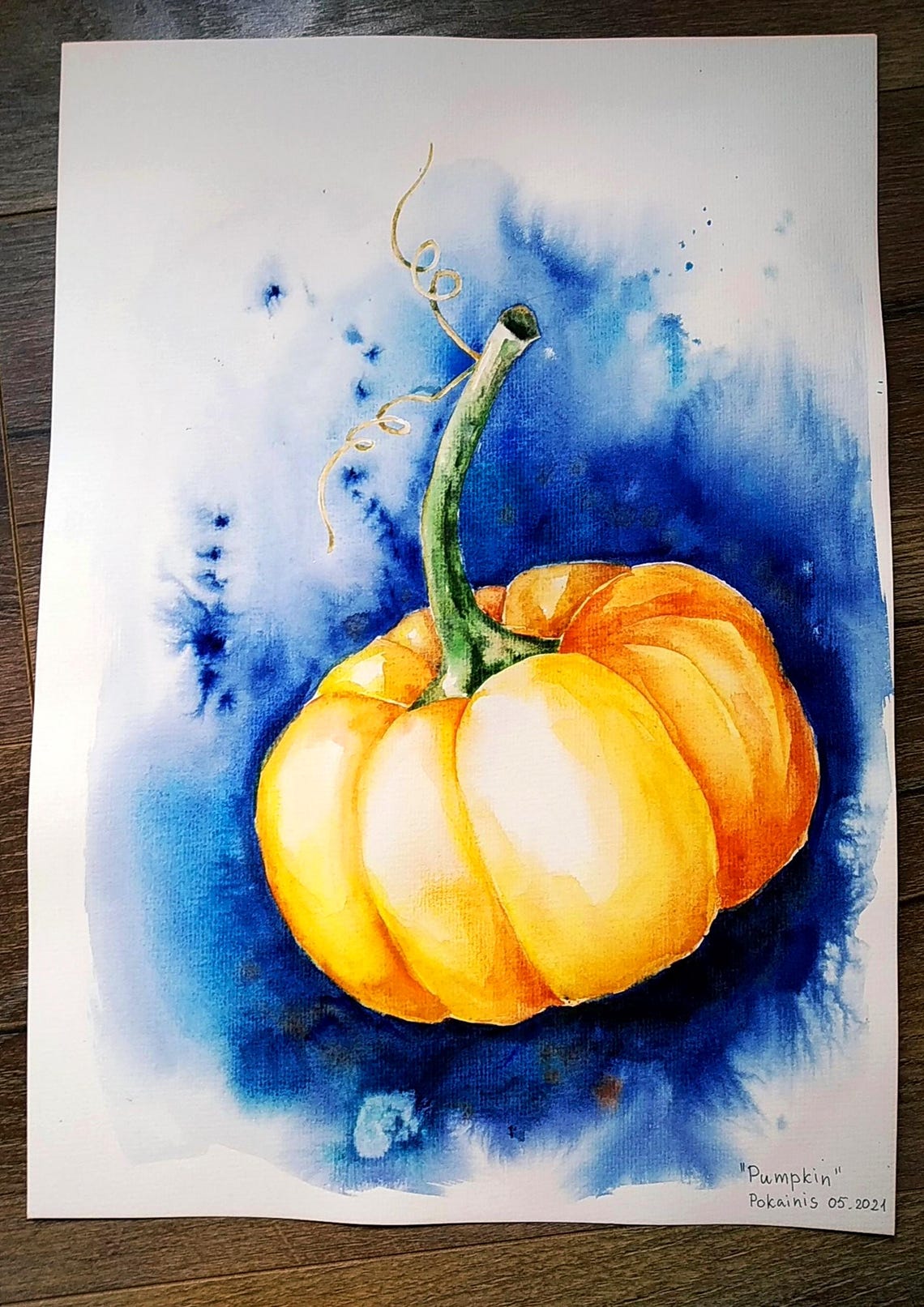 Single Glowing Orange Pumpkin on Blue Watercolor Still Life Poster - Image 5