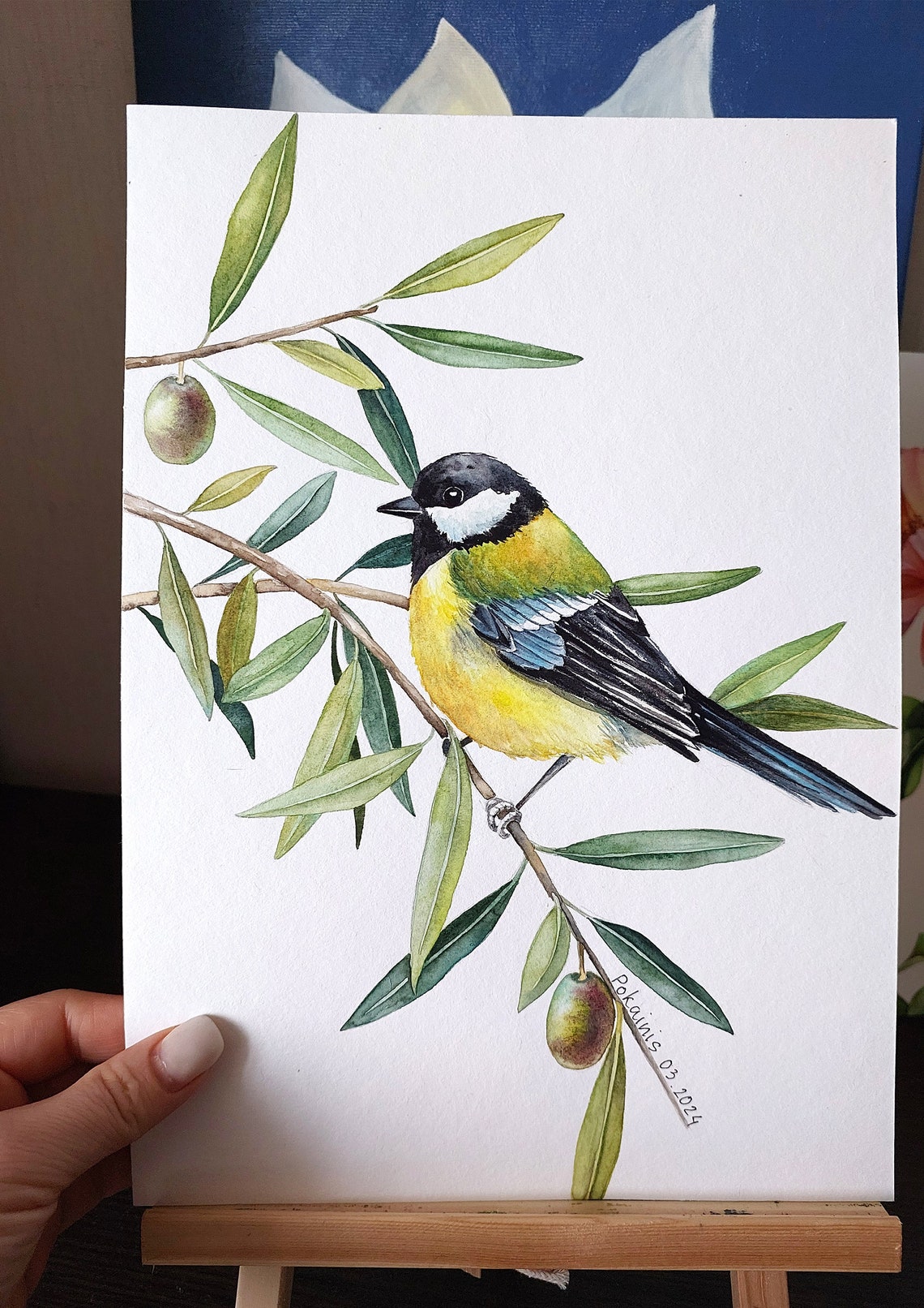 Great Tit Yellow Breast Perched Olive Branch Watercolor Poster - Image 2