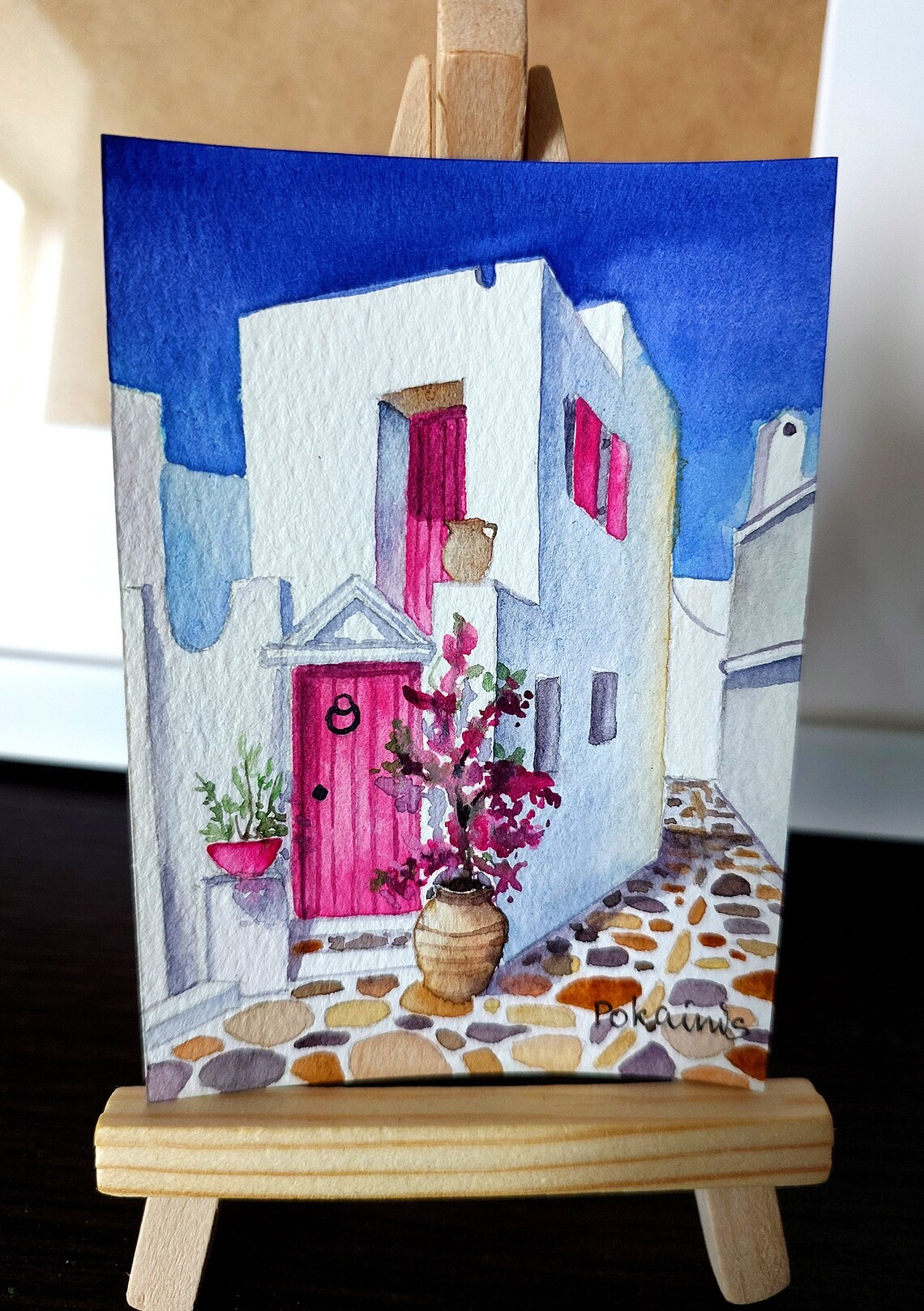 Santorini Greece Watercolor Landscape Art Print - Image 2