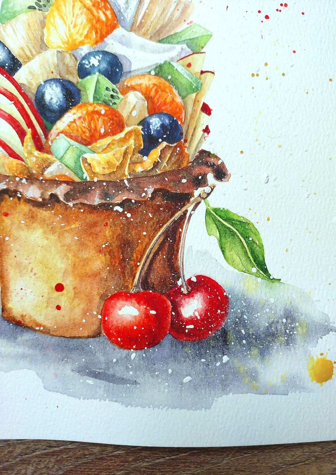 Cupcake Original Watercolor Painting Food Wall Art Fruit Painting Fruit Still Life Painting Cherry Wall Art Kitchen Original Fine Art - Image 2