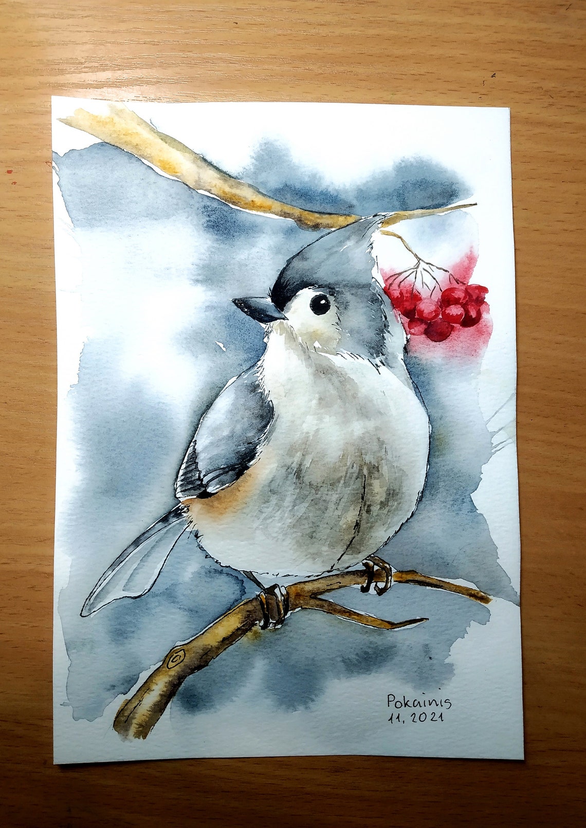 Tufted Titmouse with Winter Berries Watercolor Bird Art Poster - Image 4