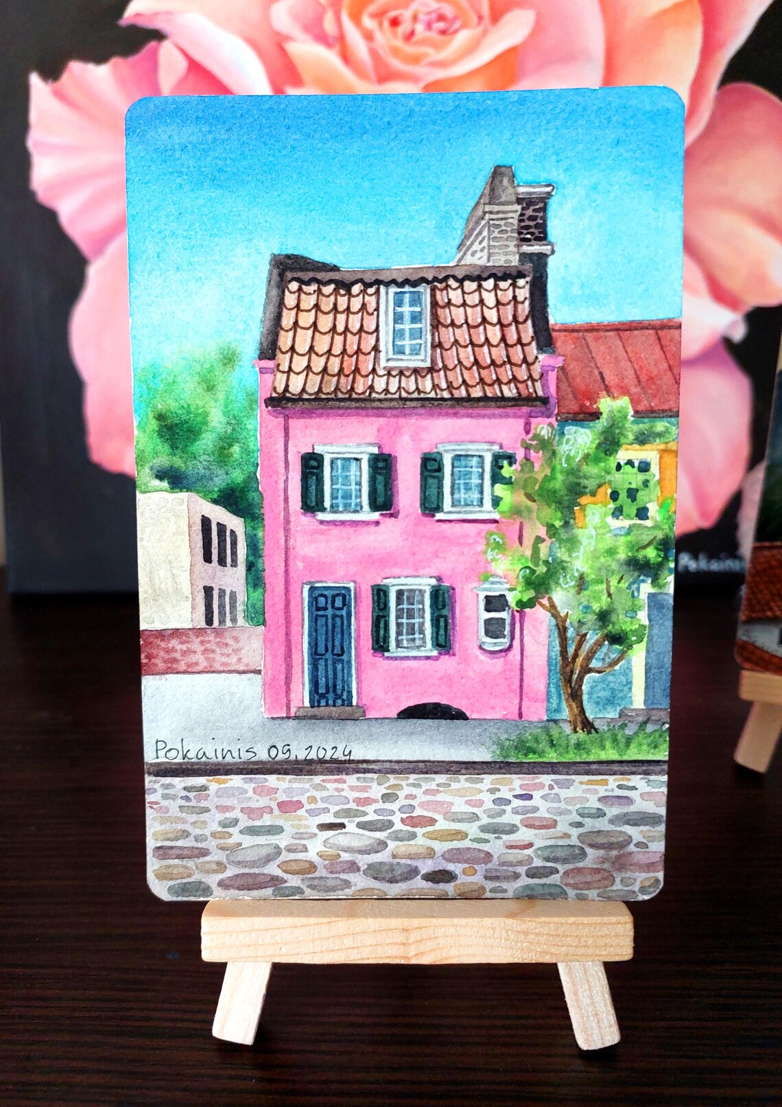 Pink House on Cobblestone Street Watercolor Miniature Poster - Image 3