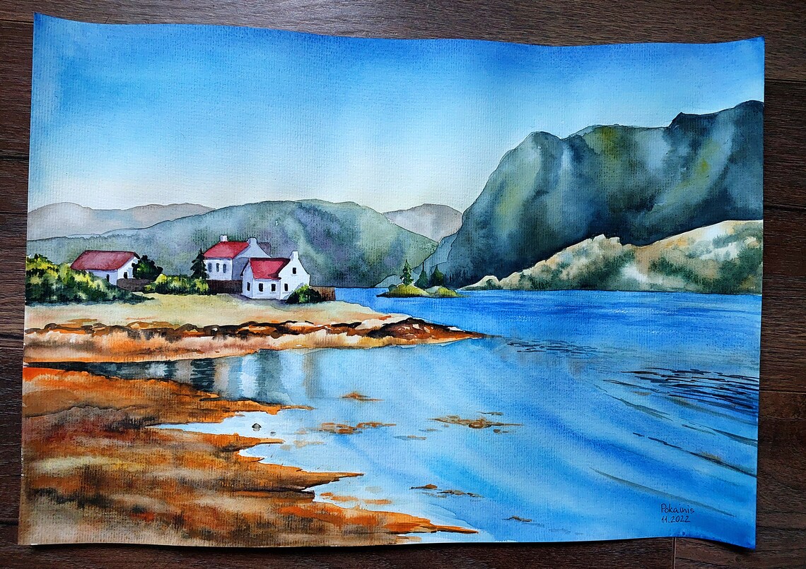 Lakeside Village White Houses Red Roofs Watercolor Scenic Poster - Image 4