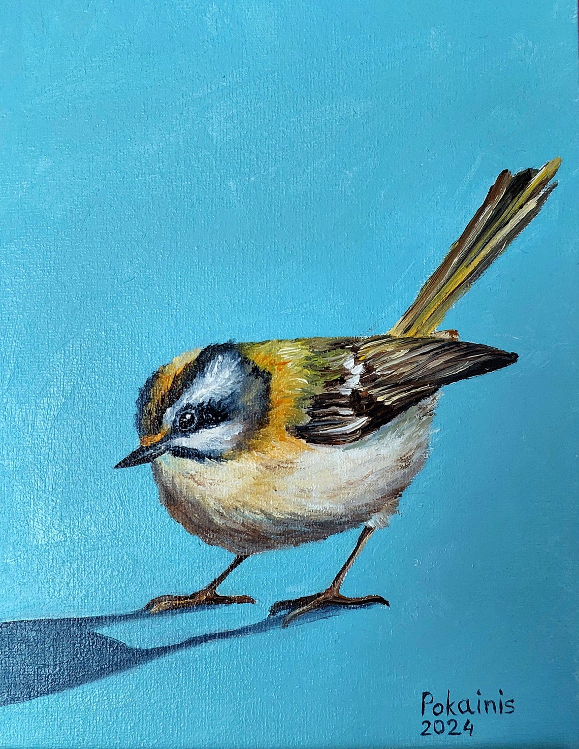 Tiny Songbird with Striped Crown Turquoise Oil Portrait Poster