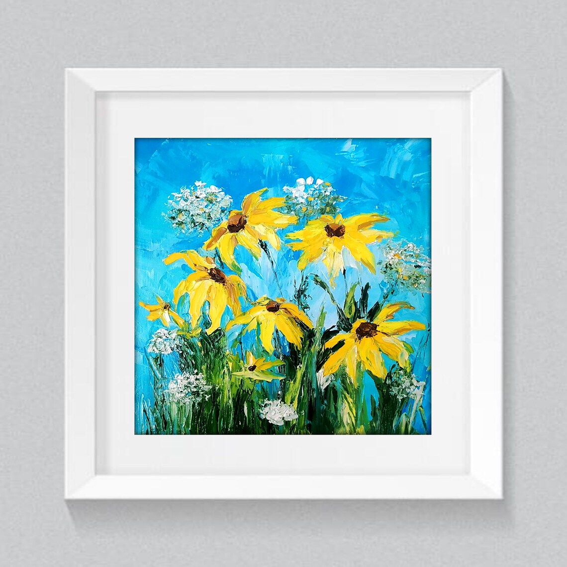 Yellow Coneflowers Swaying Against Blue Sky Impasto Oil Poster - Image 5