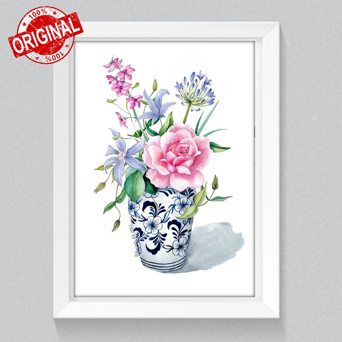 Watercolor Pink Rose Bouquet Poster In Blue Chinoiserie Vase - Image 5
