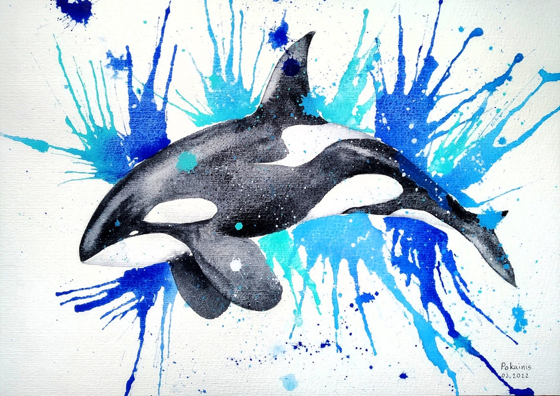 Orca Killer Whale with Bright Blue Splashes Watercolor Poster