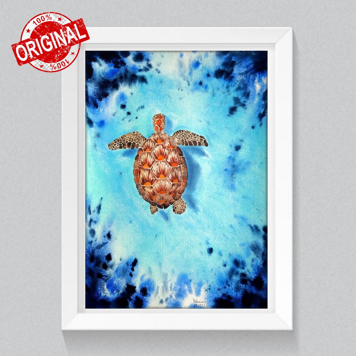 Sea Turtle Swimming in Turquoise Blue Water Watercolor Ocean Poster - Image 2