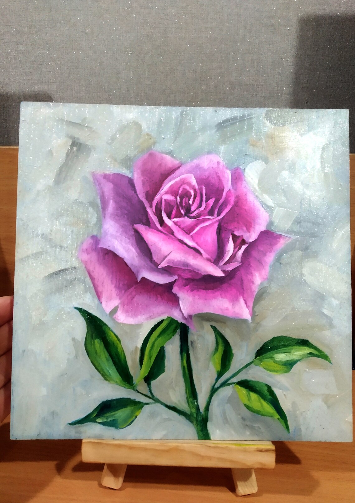 Blooming Pink Rose Oil Painting Poster On Soft Gray Background - Image 3