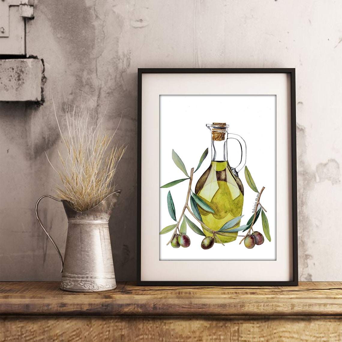 Olive Oil Bottle with Olive Branches Watercolor Kitchen Poster - Image 2