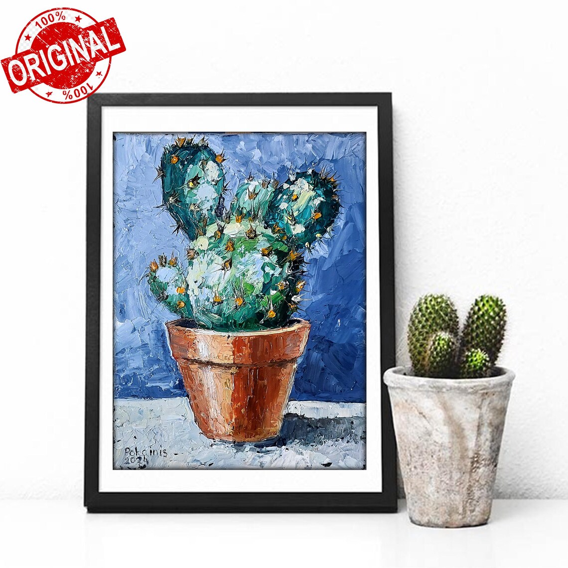 Prickly Pear Cactus in Terracotta Pot Impasto Oil Blue Poster - Image 2