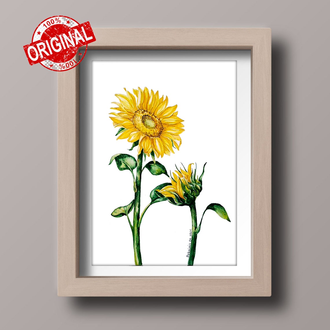 Two Sunflowers Watercolor Open Bloom and Bud Summer Floral Poster - Image 4