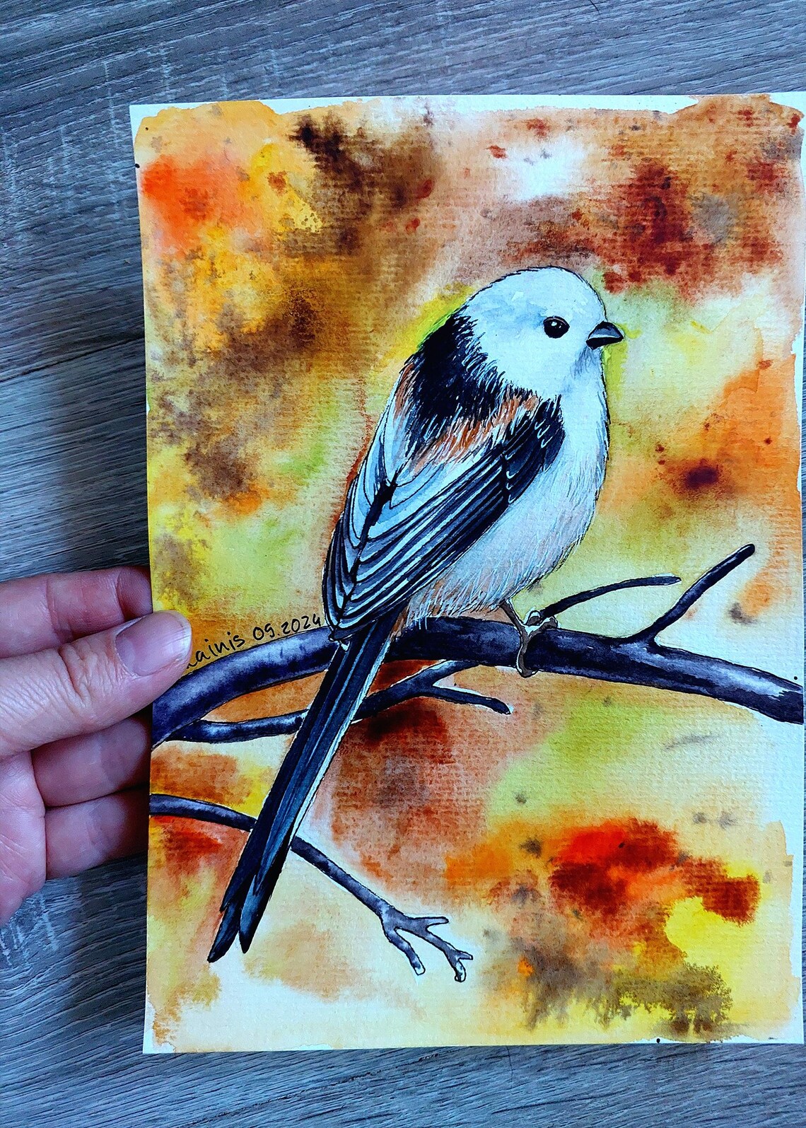 Long-Tailed Tit Bird on a Branch Watercolor Songbird Art Poster - Image 2
