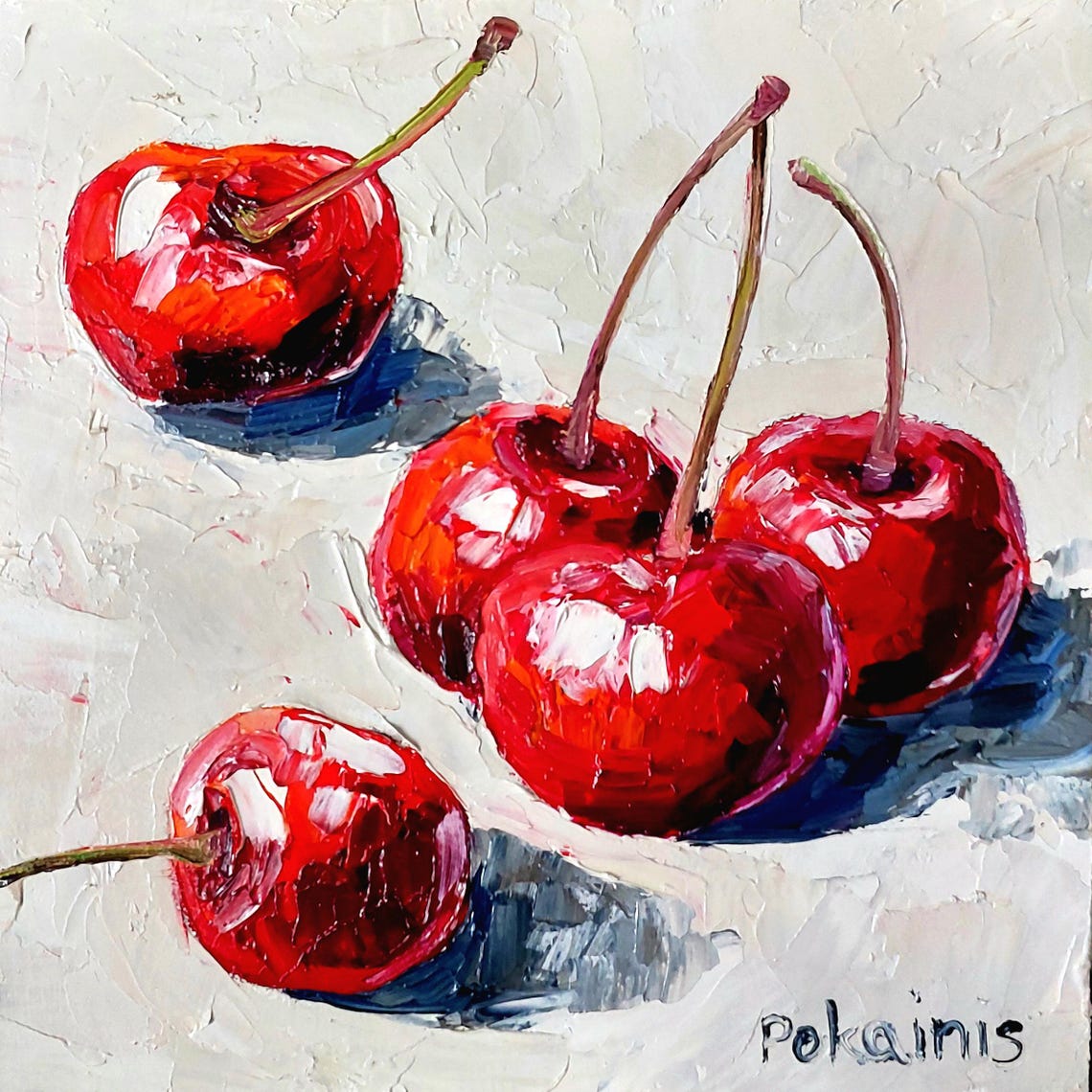 Red Cherries Impasto Oil Painting Poster Glossy Fruit Still Life