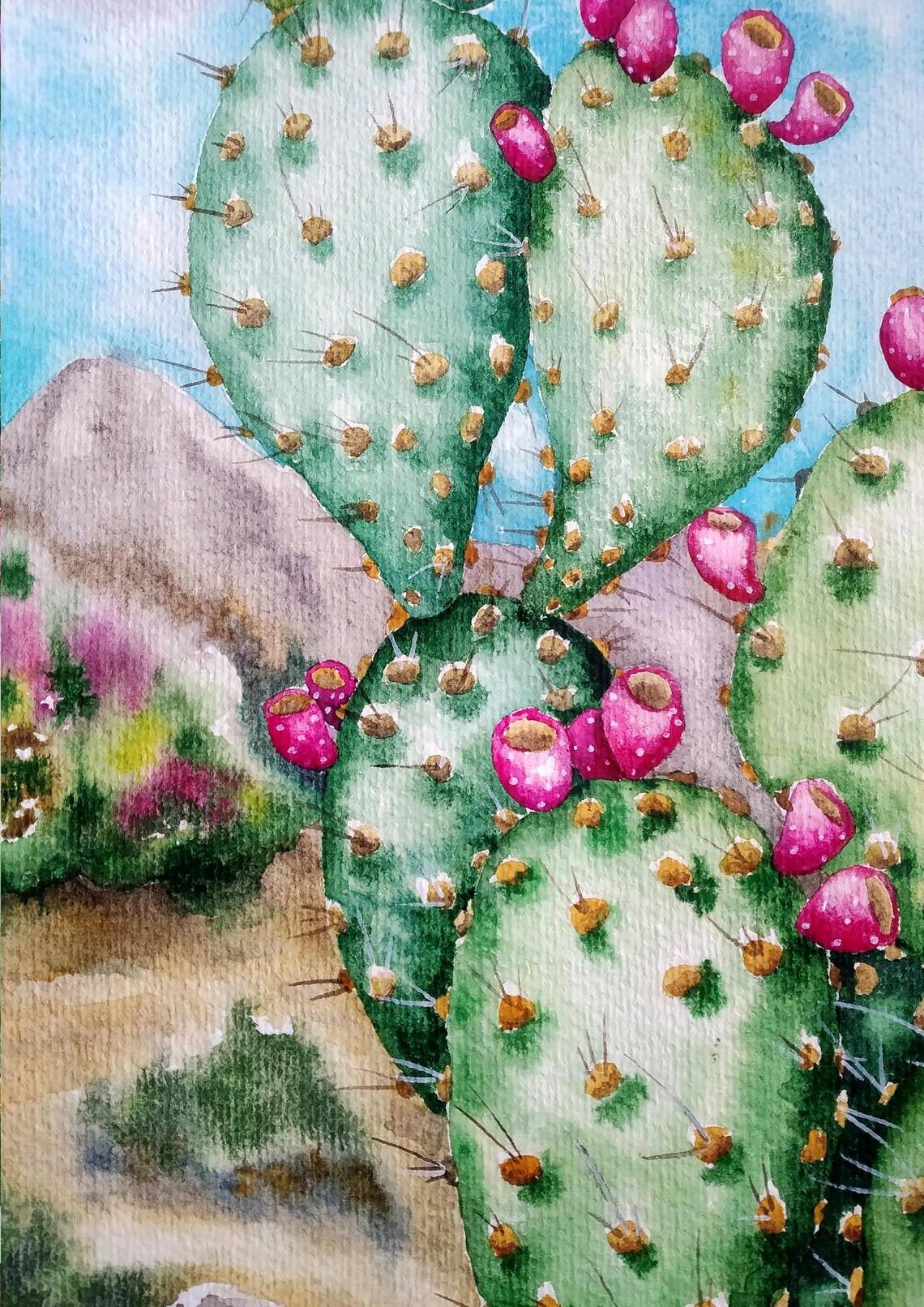 Prickly Pear Watercolor Poster With Pink Buds Desert Landscape - Image 3