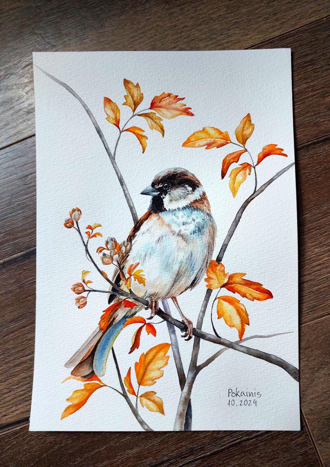 House Sparrow Among Autumn Orange Leaves Watercolor Bird Poster - Image 2