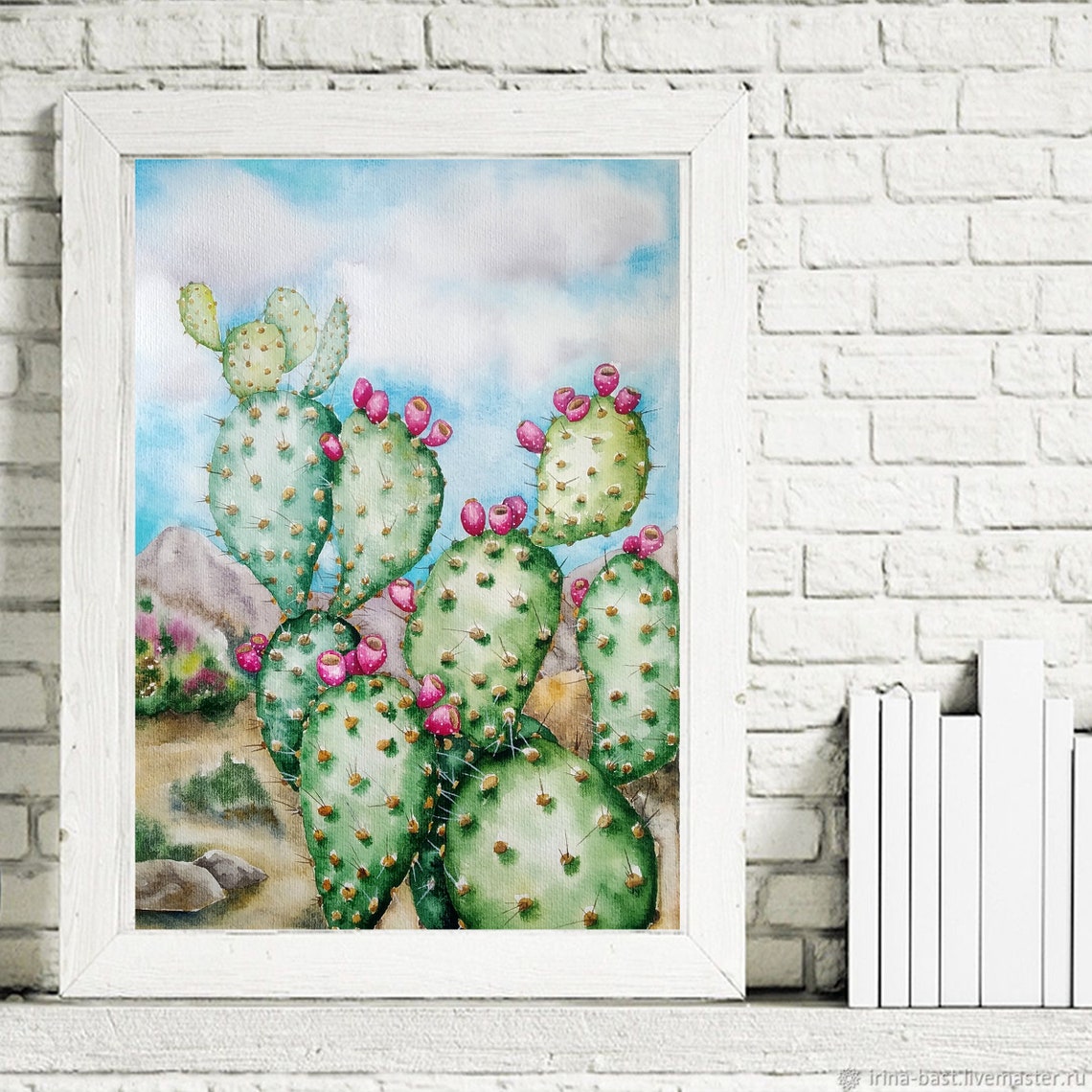 Prickly Pear Watercolor Poster With Pink Buds Desert Landscape - Image 4