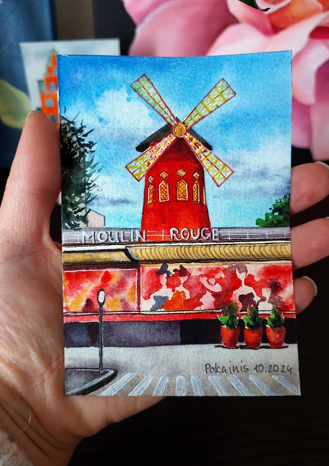 Moulin Rouge Windmill Paris Night Watercolor Landmark Poster