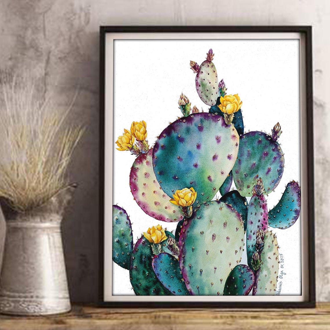 Purple Prickly Pear Watercolor Poster With Yellow Cactus Flowers - Image 3