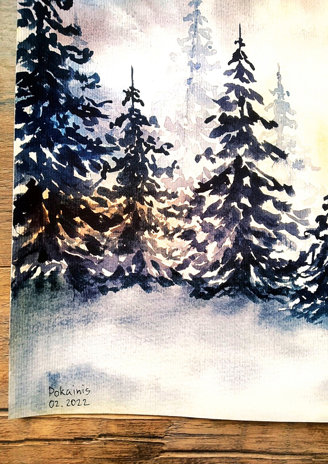 Snowy Evergreen Forest Watercolor Poster Winter Sunrise Trees - Image 2